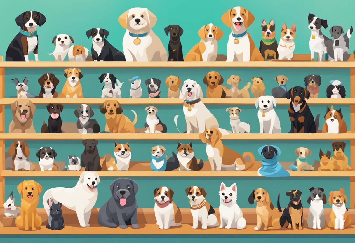 A collection of quirky dog names displayed on a colorful signboard in a bustling pet store