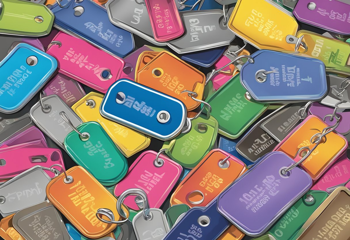 A colorful array of dog tags with unique names, surrounded by curious pups