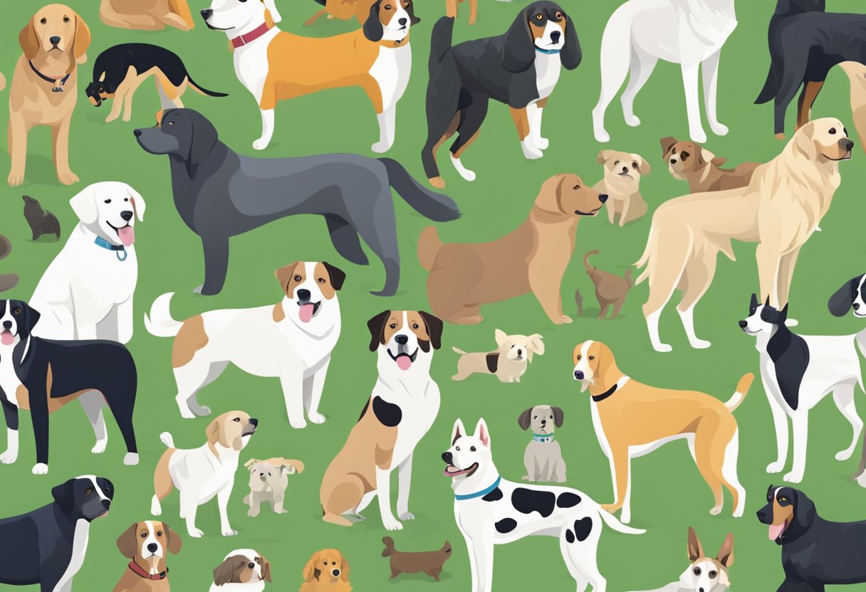 Dogs of various breeds with unique names gather in a park, showcasing gender-specific naming trends