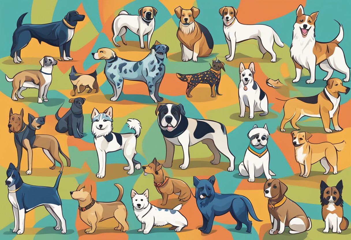 A diverse collection of exotic and distinctive dog names from various cultures, displayed in bold and vibrant lettering on a colorful backdrop