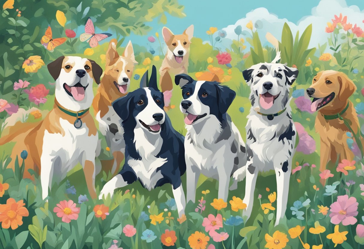 A pack of dogs frolic in a whimsical garden, each with a unique name displayed in colorful, swirling letters above their heads
