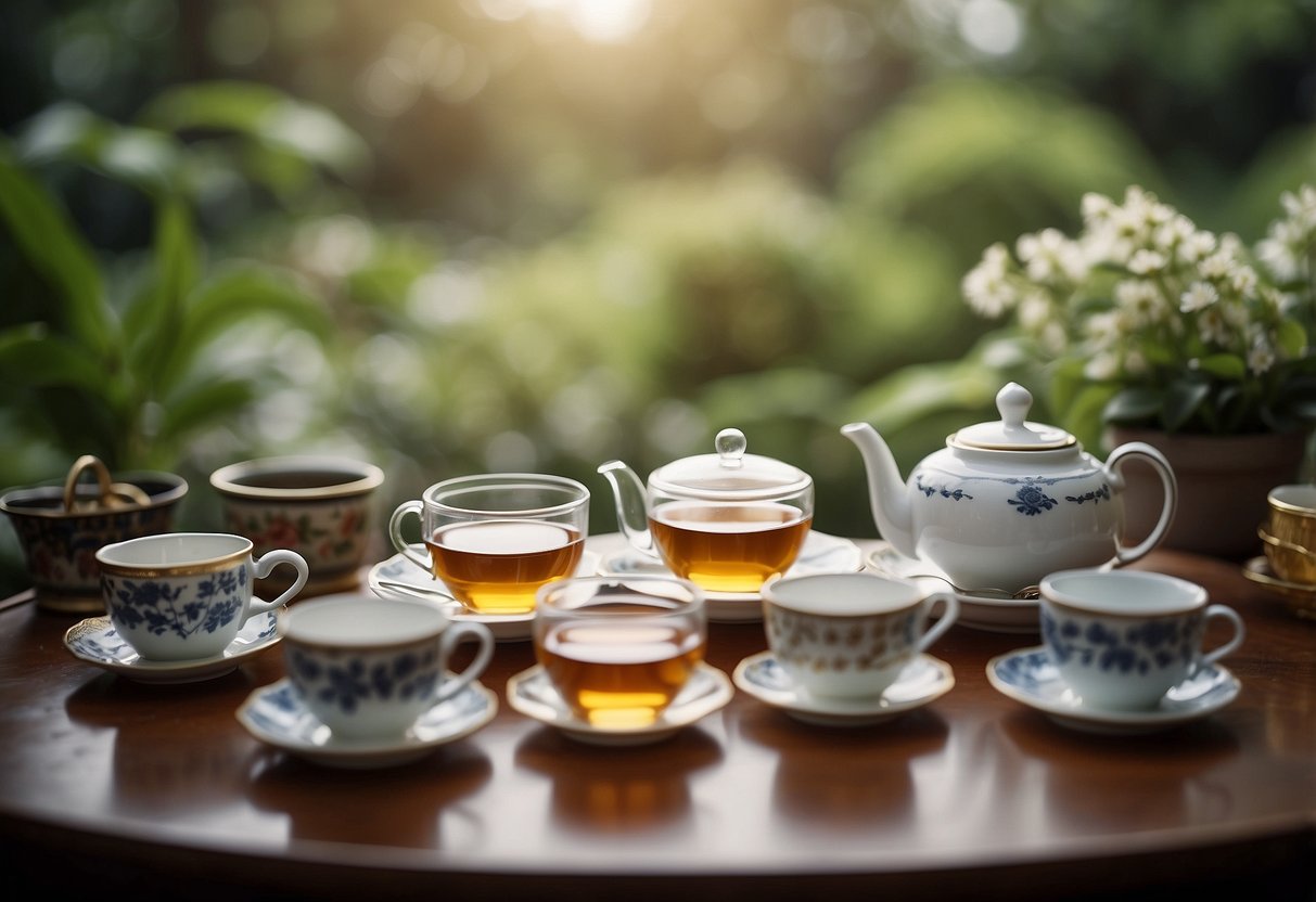 A variety of premium loose-leaf teas arranged in elegant packaging, surrounded by teacups and saucers, with a backdrop of a tranquil tea garden