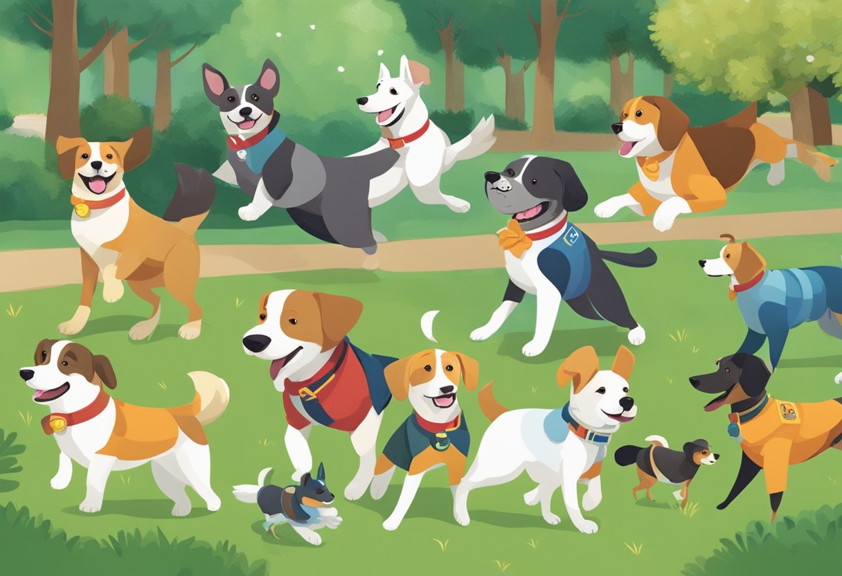 Dogs romp in a park, each with a name tag: "Sir Barksalot," "Duchess Woofington," "Captain Snugglepaws." Laughter fills the air
