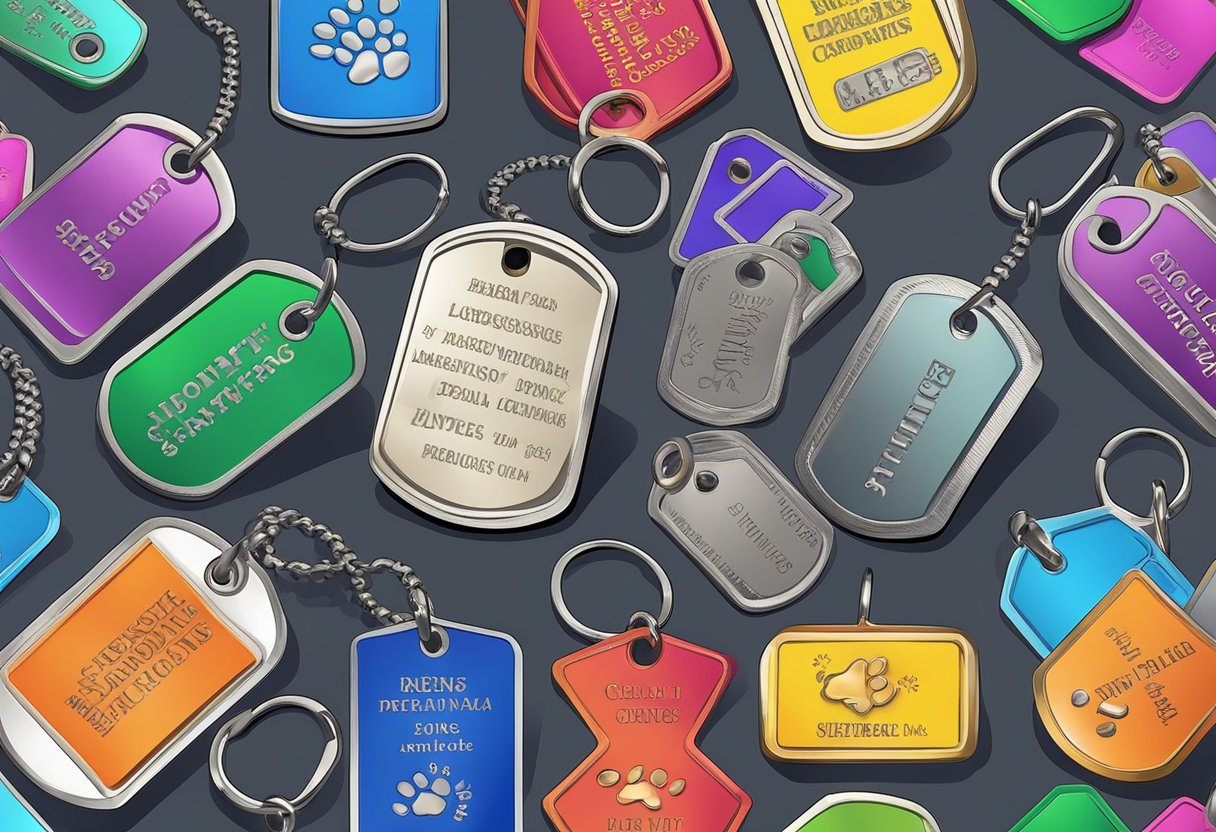A colorful array of dog tags with rare and unique names, surrounded by paw prints and bones