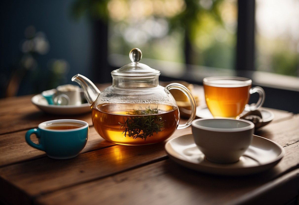 A colorful assortment of tea packages and accessories arranged on a table, with a cozy teapot and cups nearby