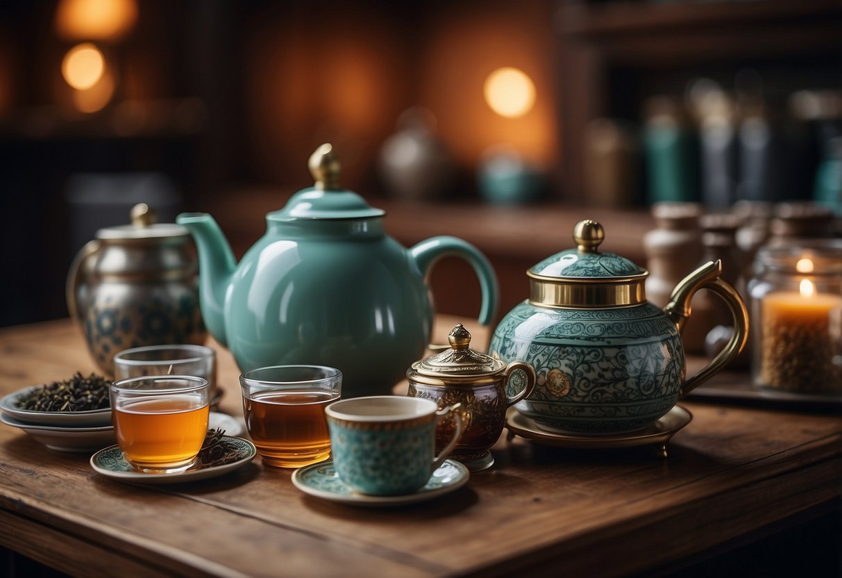 A cozy tea set on a wooden table, surrounded by jars of loose leaf teas, a teapot, and various tea accessories