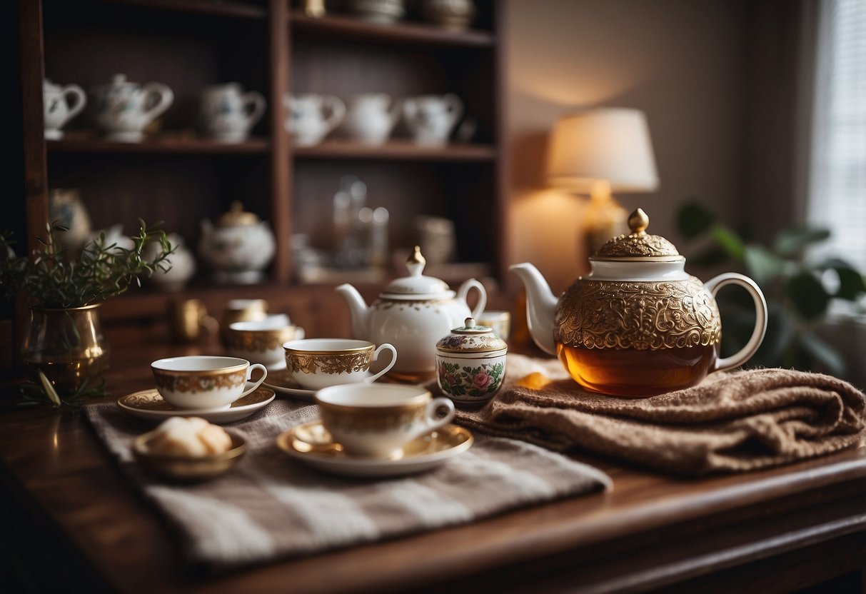 A cozy tea-themed room with teapot decor, tea cup wall art, and shelves filled with various tea blends. A table set with a floral tea set, surrounded by tea-themed pillows and blankets