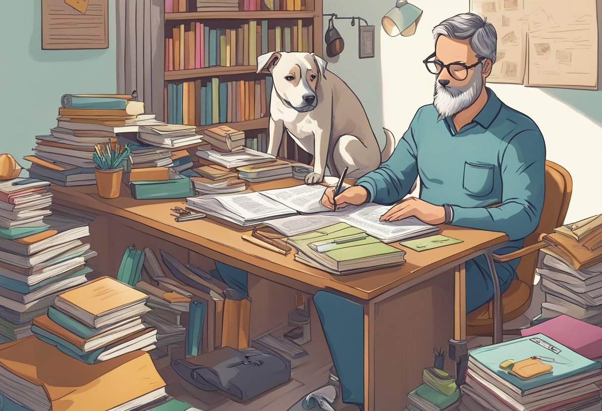 A dog owner sits at a desk, surrounded by books and papers, pondering and scribbling down unique and unusual names for their new pet