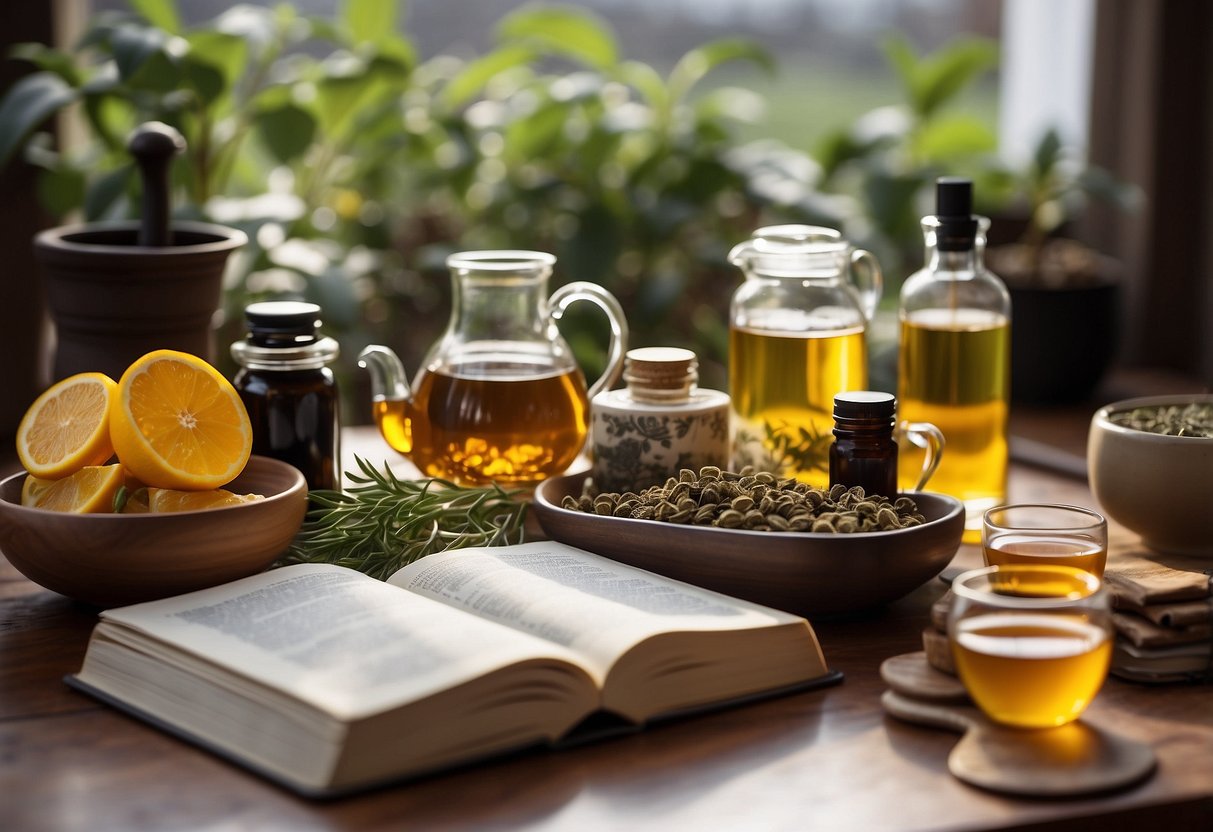 A table with a variety of herbal teas, a teapot, and a collection of wellness books. A yoga mat and essential oils are nearby