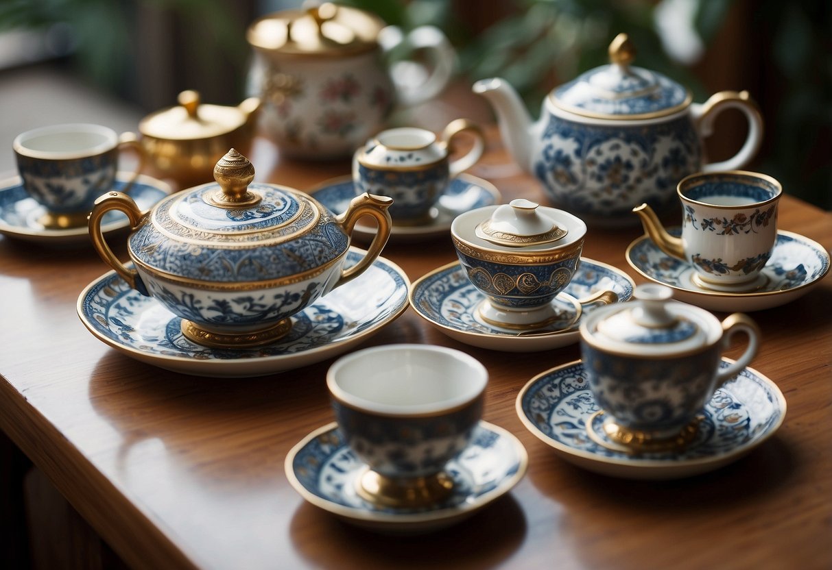 A collection of ornate tea sets displayed on a wooden table with delicate teacups, pots, and saucers. Various cultural designs and patterns adorn the sets, making them perfect gifts for tea lovers