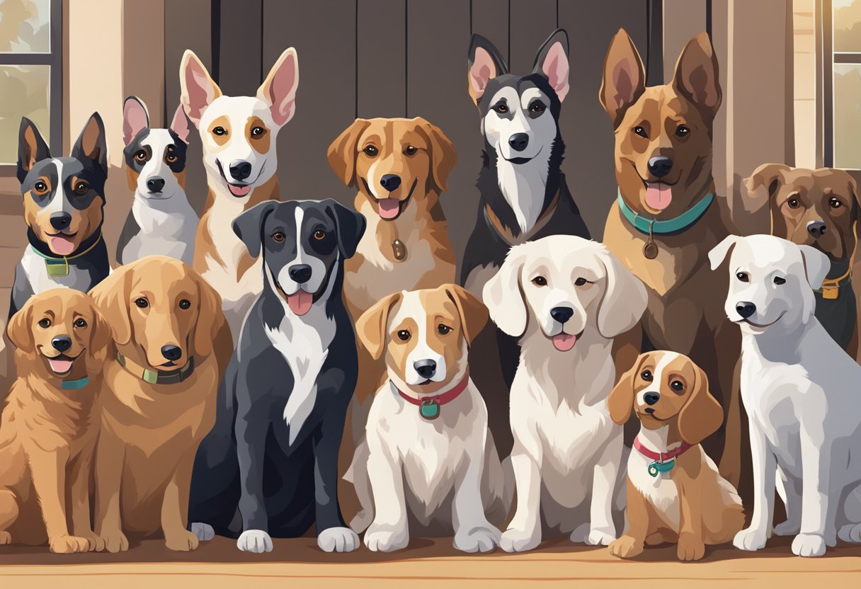 A group of dogs of various breeds and sizes gather around a sign that reads "One-of-a-Kind Dog Names." They look curious and excited, with wagging tails and perked ears