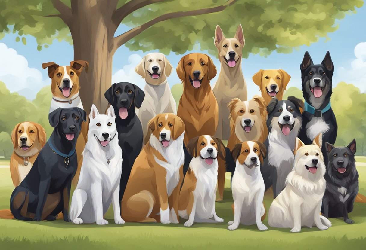 A diverse group of dogs gather in a park, each responding to their unique names with wagging tails and eager expressions