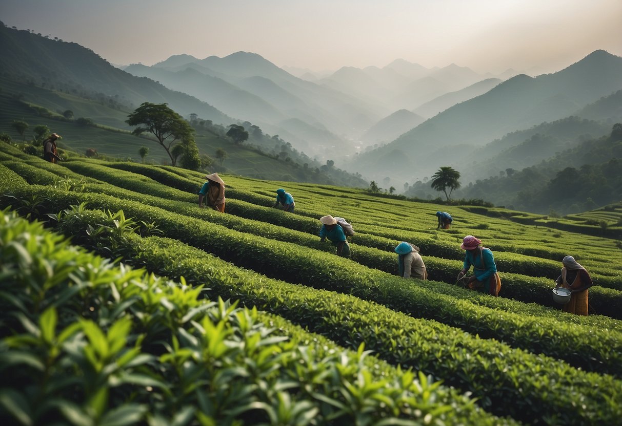Lush green tea gardens stretch across the Indian landscape, with workers carefully tending to the tea plants, while misty mountains loom in the background