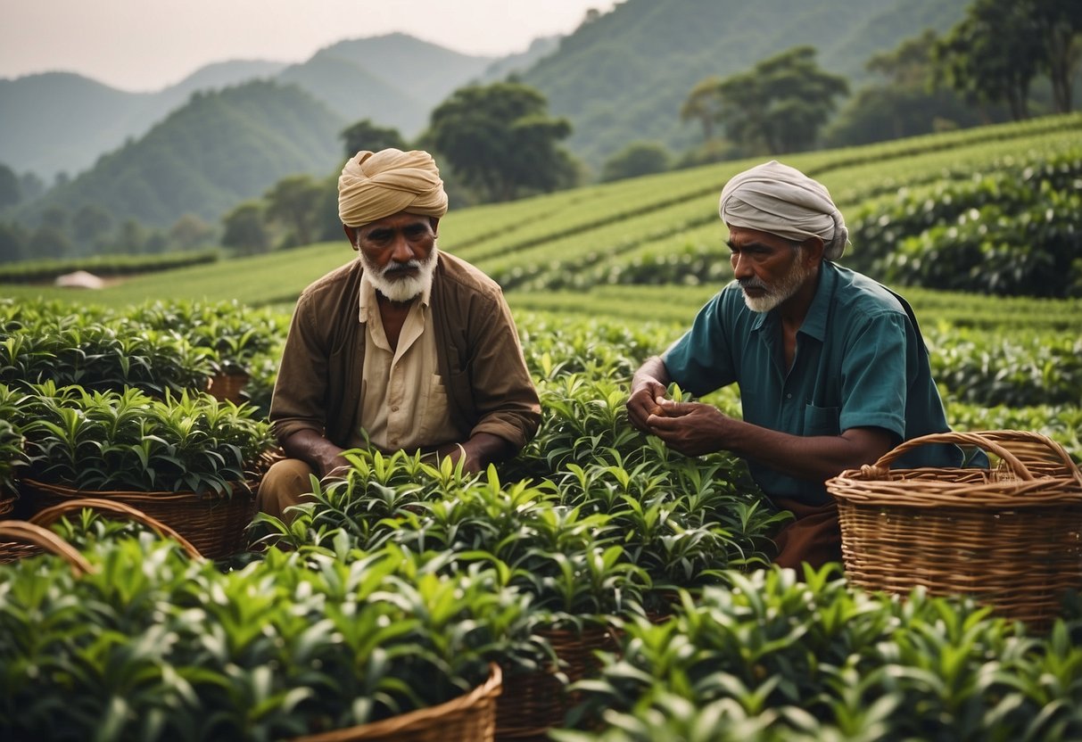 Lush tea fields being tended to and harvested by workers in traditional Indian attire. The workers carefully pluck the leaves and place them into baskets