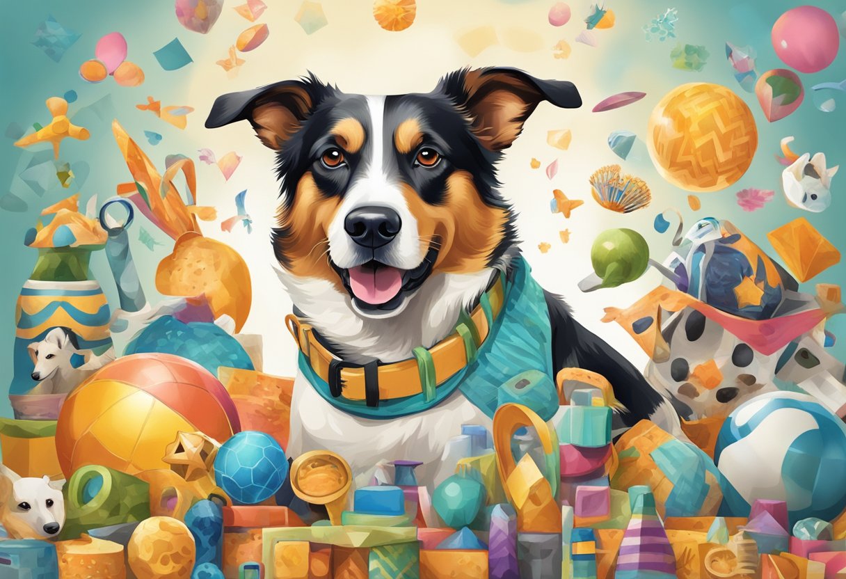A lively, energetic dog stands proudly with a playful expression, surrounded by a variety of unique objects and symbols representing individuality and distinctiveness