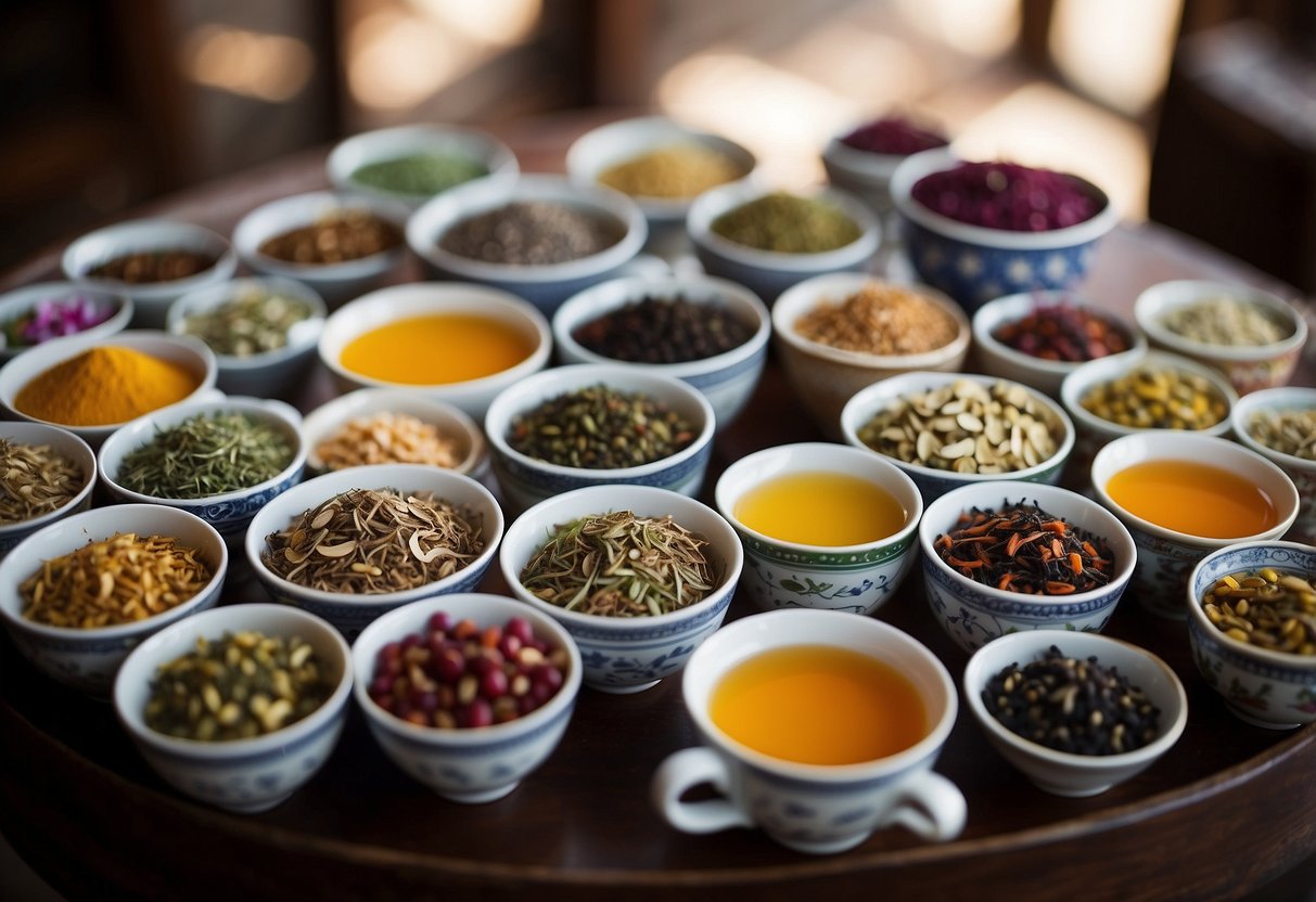 A table with various Indian teas in colorful cups, each labeled with their unique flavor profiles and characteristics