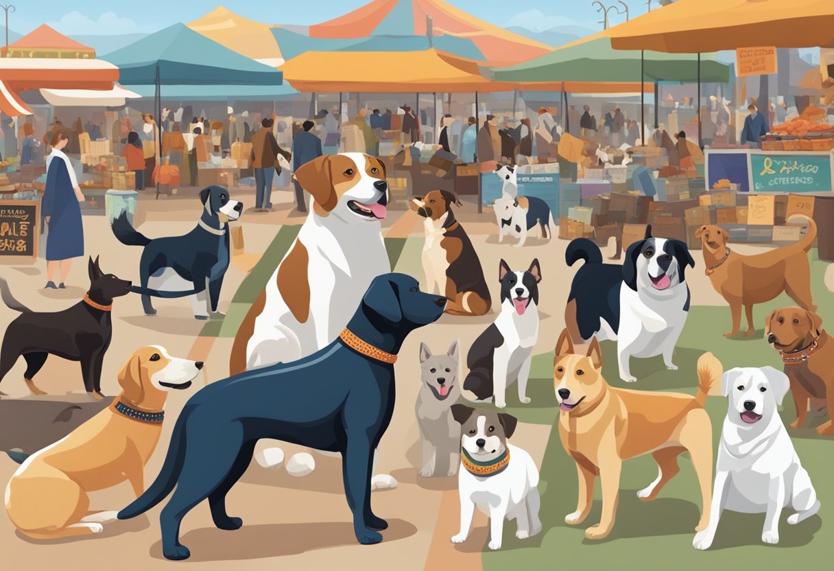 Dogs of various breeds and sizes are gathered in a colorful, bustling marketplace, with signs and banners displaying unique and culturally influenced names