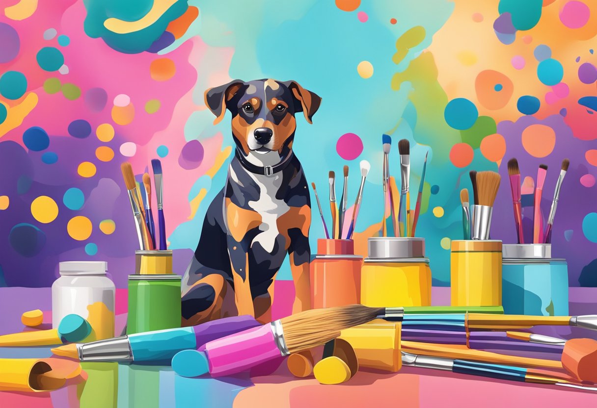 A colorful palette of paint tubes and brushes scattered around a playful dog surrounded by vibrant hues and patterns