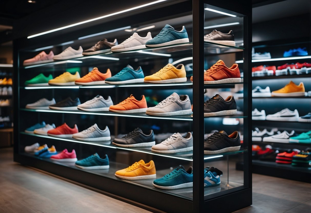 A colorful array of sneakers lines the shelves of a modern, well-lit shop in Singapore. Bright signs and sleek displays create an inviting atmosphere