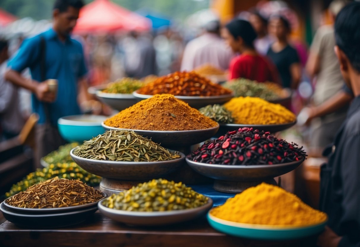 Vibrant tea festival with colorful stalls, aromatic teas, and lively tourists exploring Indian tea culture