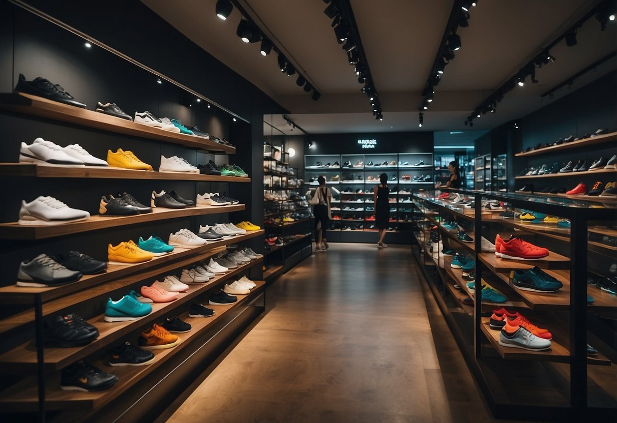 Customers browsing colorful displays at a bustling sneaker shop in Singapore. Shelves lined with trendy footwear, while staff assist eager shoppers