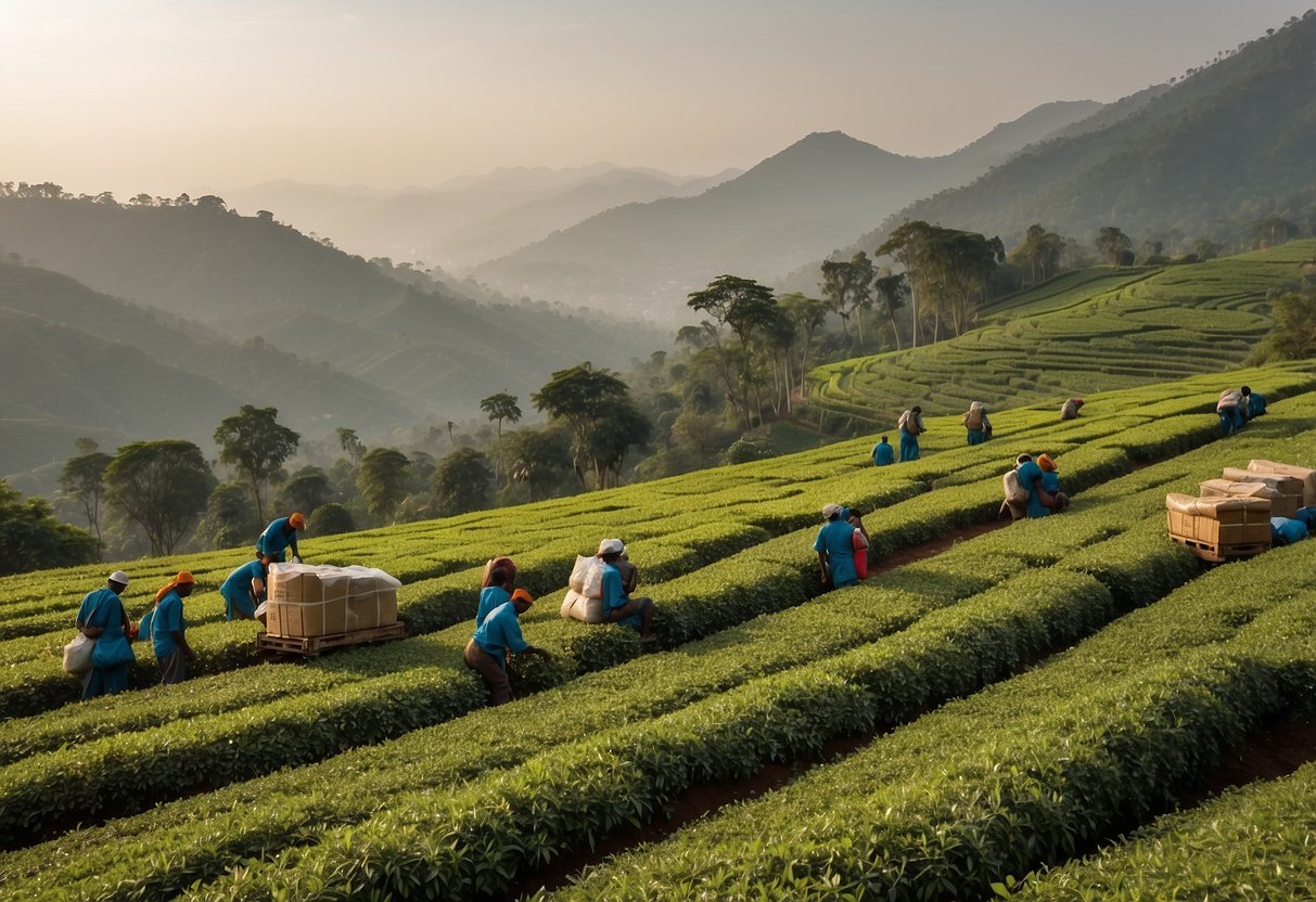 Indian tea plantations spread across a vast landscape, with workers harvesting and packaging the leaves. Shipping containers are loaded onto cargo ships, destined for global markets