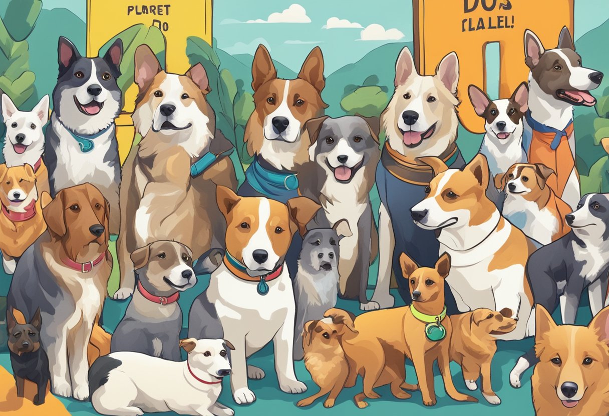 Dogs of various sizes surrounded by signs with unique names, creating a colorful and lively scene for an illustrator to recreate