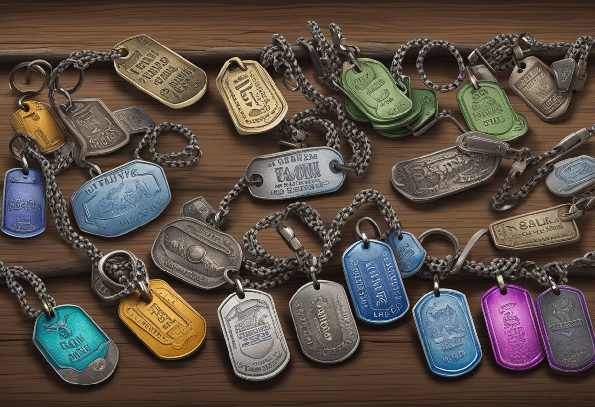 A collection of unique dog tags and collars scattered on a rustic wooden table, each engraved with rare and uncommon dog names like "Zephyr" and "Moxie."