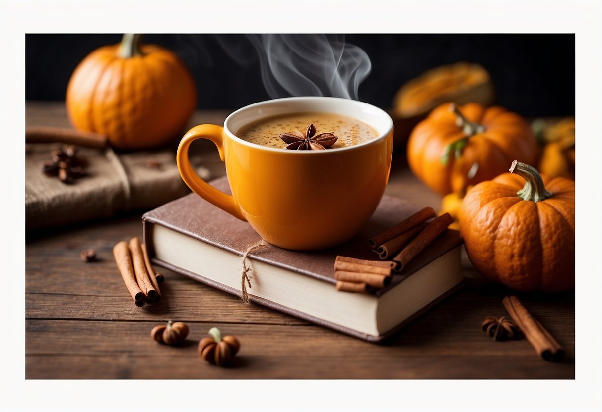 A steaming mug of pumpkin chai tea surrounded by cinnamon sticks, cloves, and a pumpkin, with a cozy blanket and a book in the background