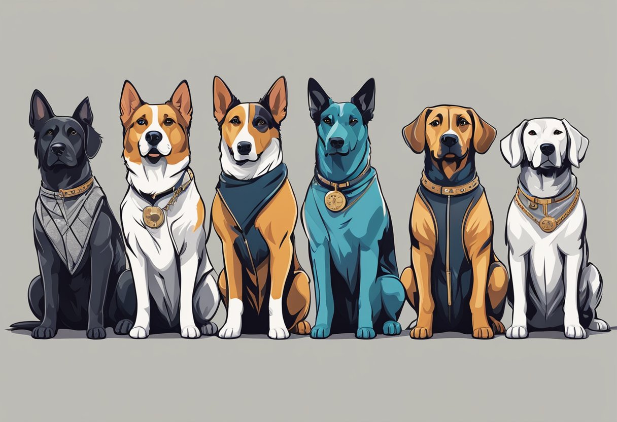 A group of stylish and unique dogs stand proudly, each with a cool and edgy name displayed boldly above them