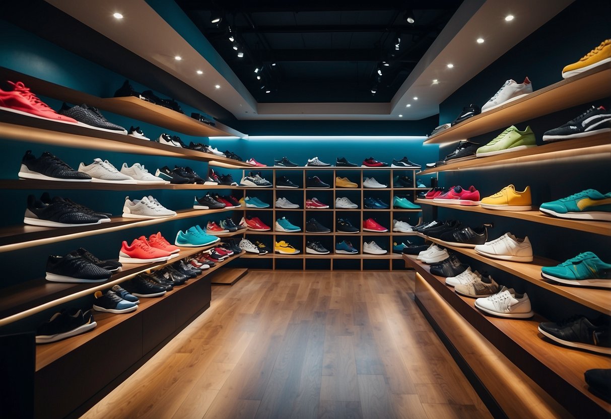 A colorful array of sneakers lines the shelves of a trendy Singapore sneaker shop, with customers browsing the latest releases and limited edition kicks