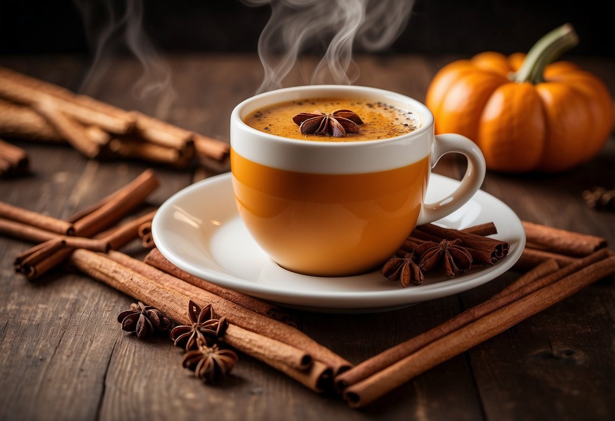 A steaming cup of pumpkin chai tea surrounded by cinnamon sticks, cloves, and a sliced pumpkin