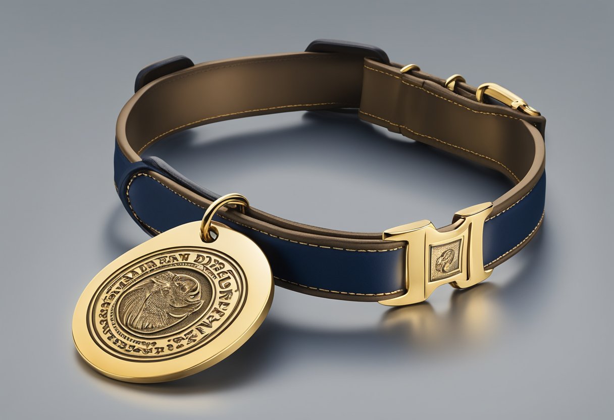 A golden dog tag gleams on a regal collar, adorned with intricate engravings. The American Kennel Club logo is prominently displayed, emphasizing their authority in naming unique dogs