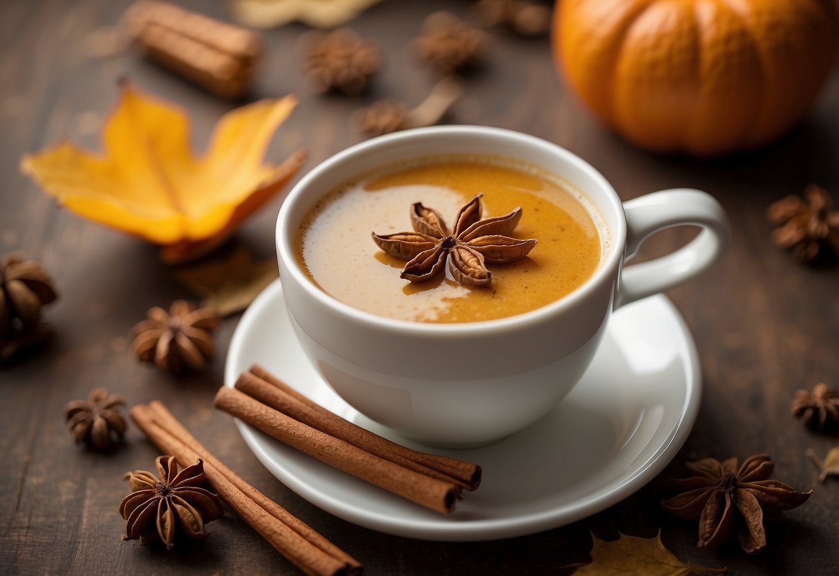 A steaming mug of pumpkin chai tea with cinnamon sticks and cloves, surrounded by fallen leaves and a cozy scarf