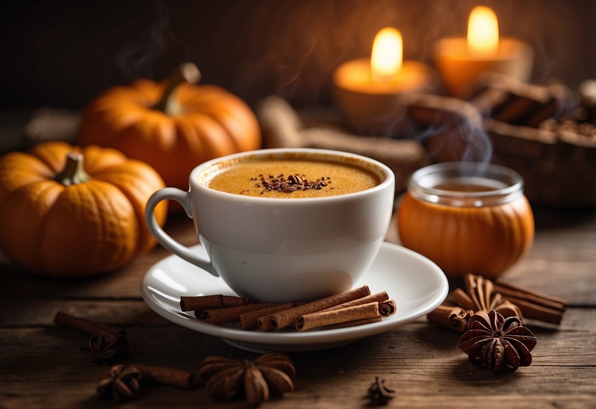 A steaming cup of Pumpkin Chai tea sits on a rustic wooden table, surrounded by scattered cinnamon sticks and cloves