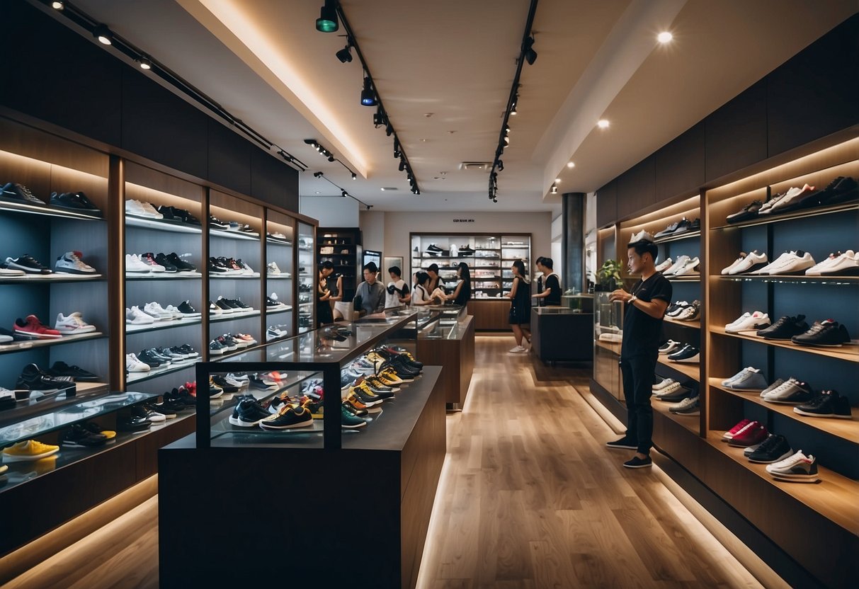 A bustling sneaker shop in Singapore with customers browsing shelves and staff assisting. Display cases showcase the latest releases, and a FAQ section is prominently featured