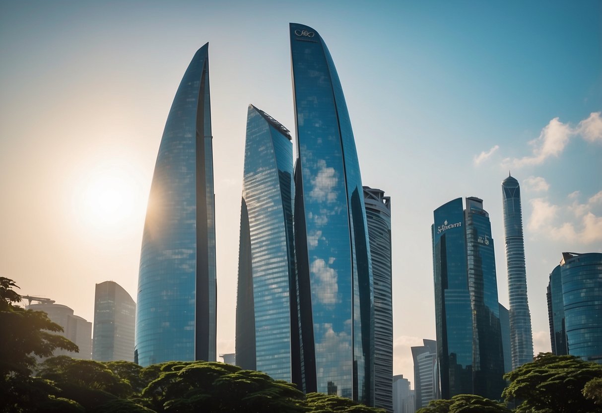 The iconic Stanchart Singapore building stands tall against the city skyline, with its distinctive curved shape and reflective glass facade catching the sunlight