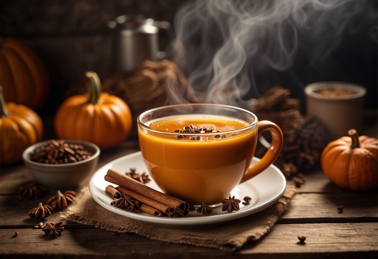A steaming mug of pumpkin chai tea sits on a rustic wooden table, surrounded by cinnamon sticks, cloves, and a slice of pumpkin