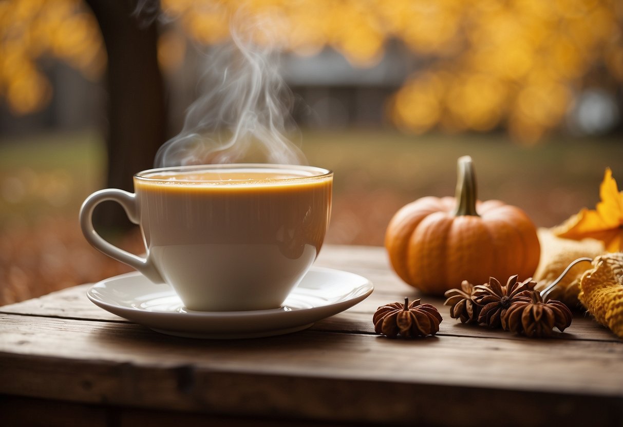 A steaming mug of pumpkin chai tea sits on a rustic table, surrounded by autumn leaves and a cozy blanket, symbolizing warmth and tradition