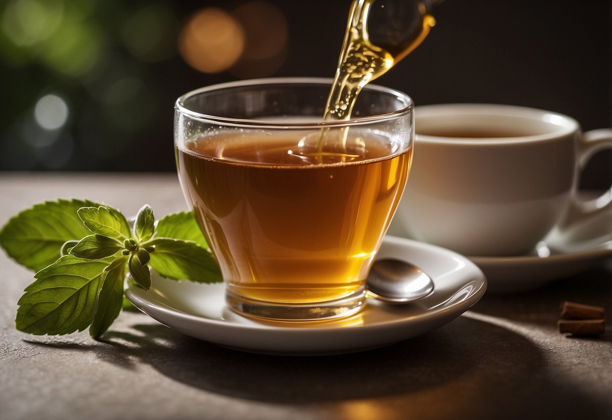 A tea bag steeping in a cup of hot water, with a small dish of natural sweeteners like honey, stevia, and agave on the side