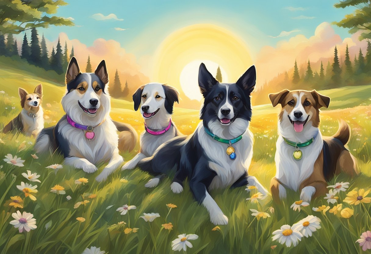 A pack of unique dogs frolic in a sun-drenched meadow, their collars adorned with rare gemstone name tags