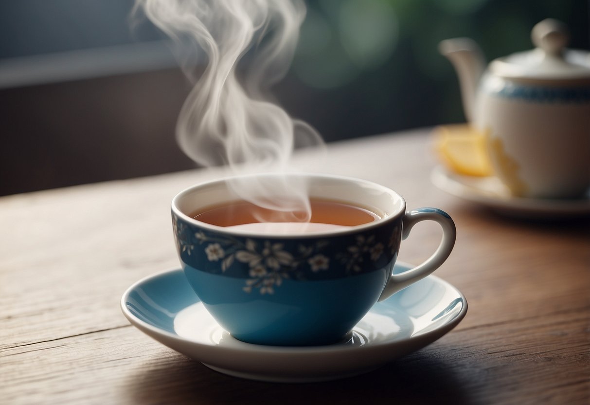 A tea cup with a steaming hot beverage, next to a packet of artificial sweetener