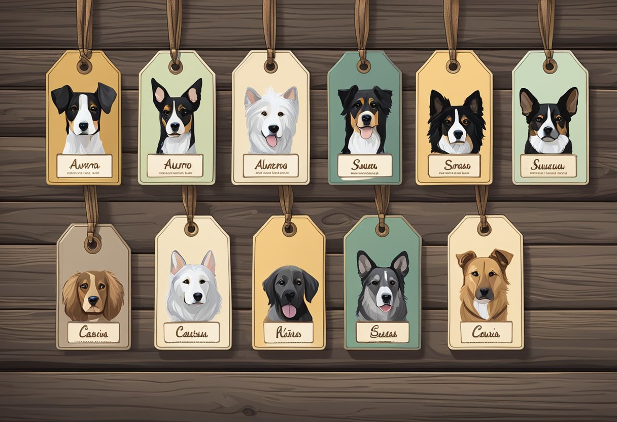 A collection of exotic dog breeds with name tags like "Aurora" and "Cassius" displayed on a rustic wooden table