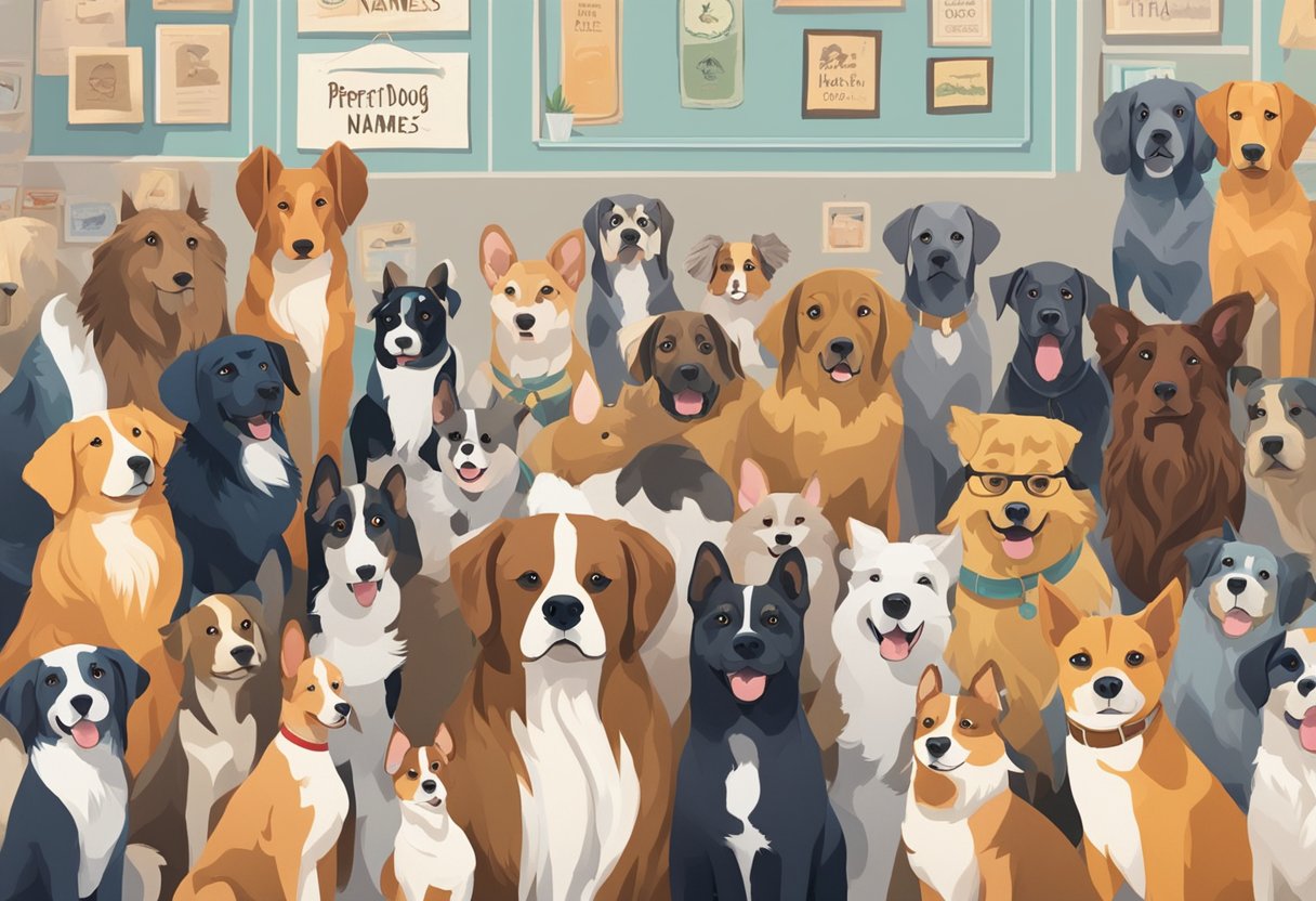 A group of unique and rare dog breeds are gathered around a sign that reads "Choosing the Perfect Name Rare Dog Names." Each dog is looking at the sign with curiosity and excitement, showcasing their individuality