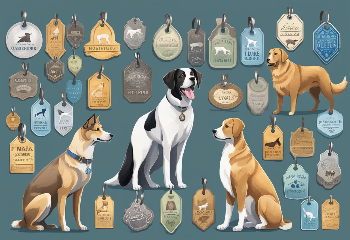 A majestic, rare breed dog stands proudly, surrounded by a collection of unique and unconventional dog name tags