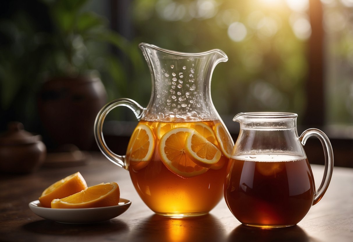 A pitcher of fruit juice concentrate pours into a steaming cup of tea. The liquid swirls and mixes, creating a sweetened and flavorful beverage