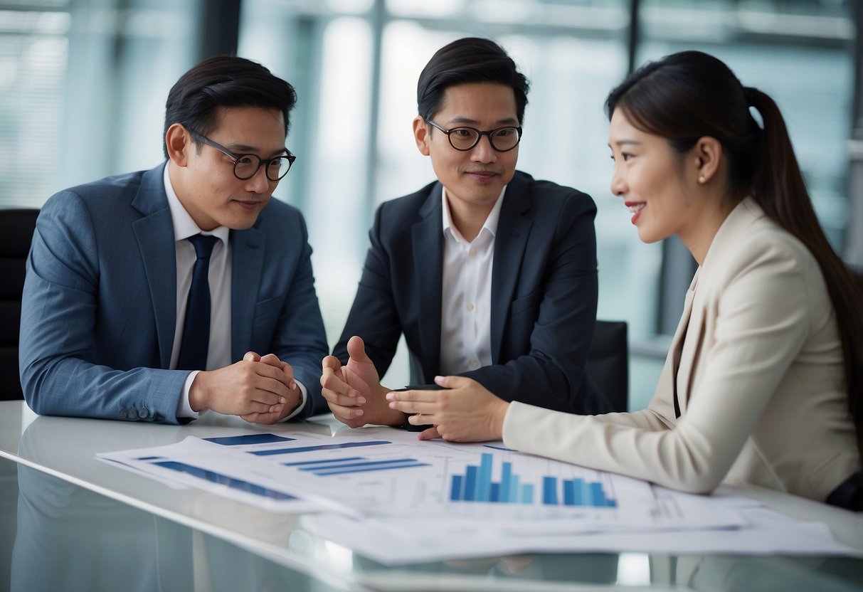 A group of professionals engage in discussions and negotiations, surrounded by charts and graphs, representing strategic developments and partnerships at Stanchart Singapore