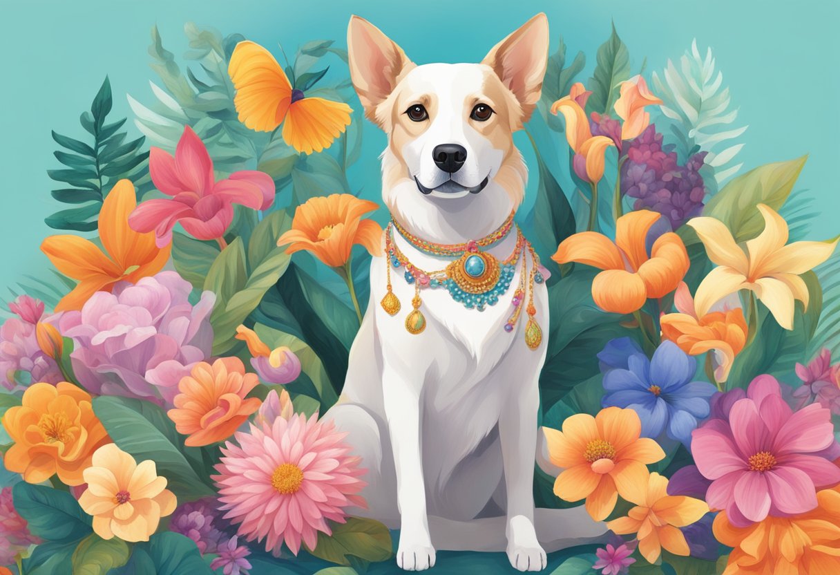 A colorful array of exotic flowers surround a regal-looking female dog. She sits proudly, her name displayed in elegant script above her, signaling her rare and unique status