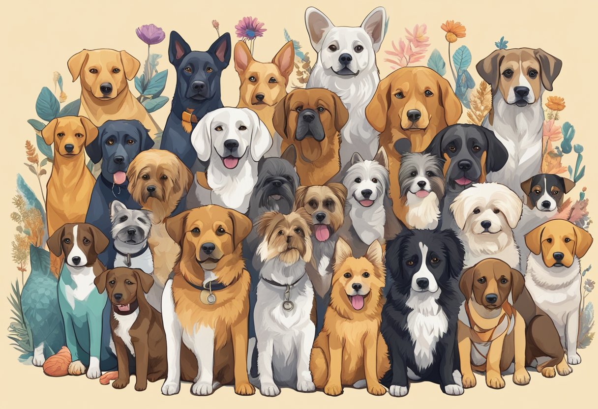 A diverse group of dogs, both male and female, surrounded by unique and uncommon objects representing their names