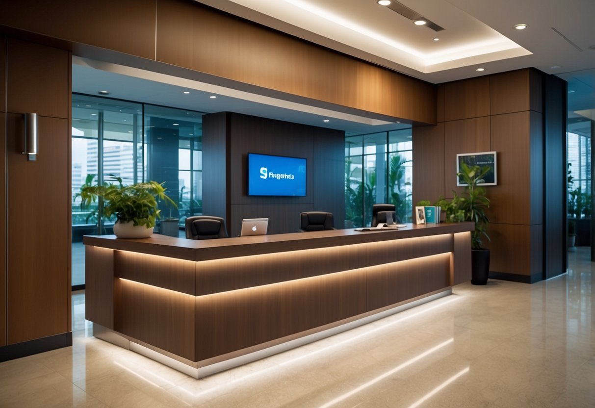 A bright, modern office space with a large "Frequently Asked Questions" sign displayed prominently in the reception area of Standard Chartered Bank in Singapore